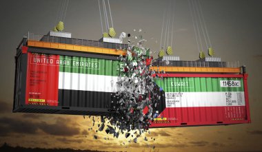 Birleşik Arap Emirlikleri ve Kuveyt 'in bayraklı kargo konteynerleri - 3 boyutlu illüstrasyon