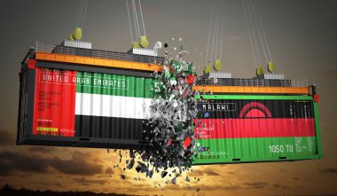 Üzerinde Birleşik Arap Emirlikleri ve Malavi bayrakları olan kargo konteynerleri - 3 boyutlu illüstrasyon