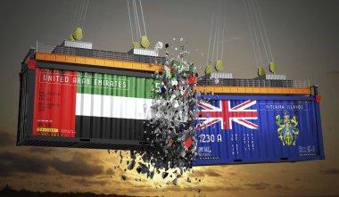 Birleşik Arap Emirlikleri ve Pitcairn Adaları bayraklı kargo konteynerleri - 3 boyutlu illüstrasyon