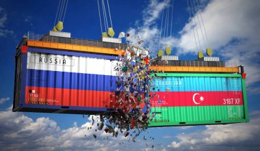Rusya ve Azerbaycan bayraklı kargo konteynerleri - 3 boyutlu illüstrasyon