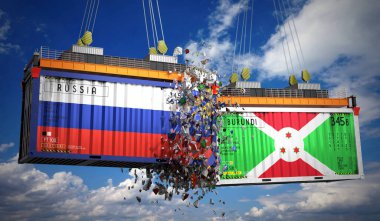Rusya ve Burundi bayraklı kargo konteynerleri - 3 boyutlu illüstrasyon