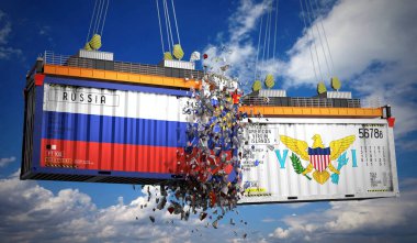 Rusya ve Amerikan Virjin Adaları bayraklı kargo konteynerleri - 3D illüstrasyon