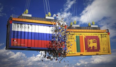 Rusya ve Sri Lanka bayraklı kargo konteynerleri - 3 boyutlu illüstrasyon