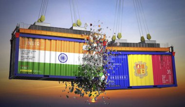 Hindistan ve Andorra bayraklı kargo konteynerleri - 3 boyutlu illüstrasyon