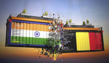 Hindistan ve Belçika bayraklı kargo konteynerleri - 3 boyutlu illüstrasyon