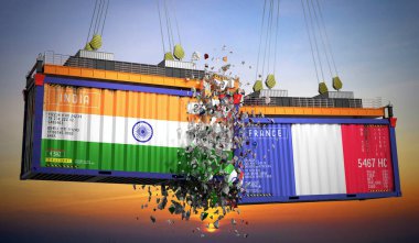 Hindistan ve Fransa bayraklı kargo konteynerleri - 3D illüstrasyon