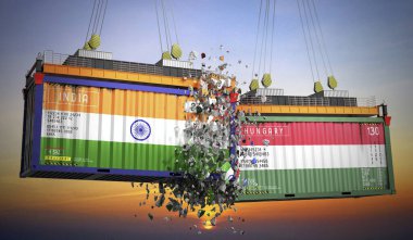 Hindistan ve Macaristan bayraklı kargo konteynerleri - 3 boyutlu illüstrasyon