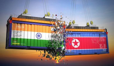 Hindistan ve Kuzey Kore bayraklı kargo konteynerleri - 3 boyutlu illüstrasyon