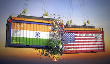 Hindistan ve ABD bayraklı kargo konteynerleri - 3 boyutlu illüstrasyon