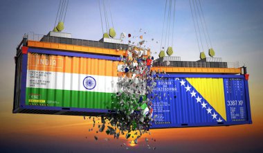 Hindistan ve Bosna-Hersek bayraklı kargo konteynerleri - 3D illüstrasyon
