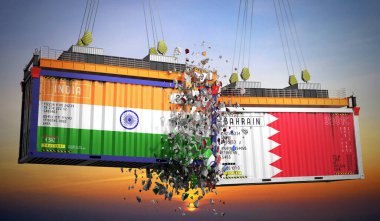 Hindistan ve Bahreyn bayraklı kargo konteynerleri - 3 boyutlu illüstrasyon