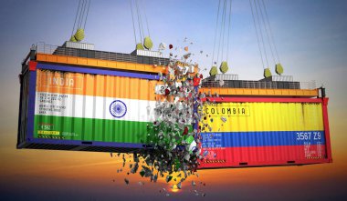 Hindistan ve Kolombiya bayraklı kargo konteynerleri - 3 boyutlu illüstrasyon