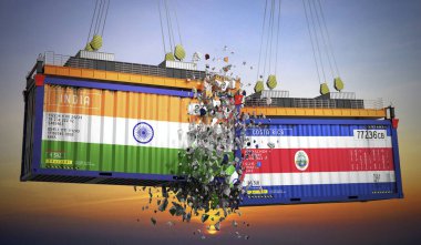 Hindistan ve Kosta Rika bayraklı kargo konteynerleri - 3 boyutlu illüstrasyon