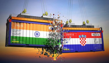 Hindistan ve Hırvatistan bayraklı kargo konteynerleri - 3D illüstrasyon
