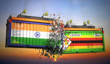 Hindistan ve Zimbabwe bayraklı kargo konteynerleri - 3 boyutlu illüstrasyon