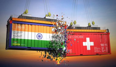 Hindistan ve İsviçre bayraklı kargo konteynerleri - 3D illüstrasyon