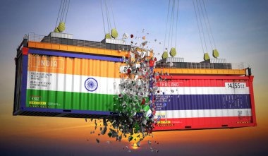 Hindistan ve Tayland bayraklı kargo konteynerleri - 3 boyutlu illüstrasyon