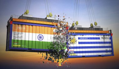 Hindistan ve Uruguay bayraklı kargo konteynerleri - 3 boyutlu illüstrasyon