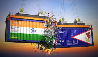 Hindistan ve Amerikan Samoası bayraklı kargo konteynerleri - 3 boyutlu illüstrasyon