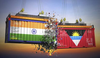 Hindistan, Antigua ve Barbuda bayraklarıyla dolu kargo konteynerleri - 3 boyutlu illüstrasyon