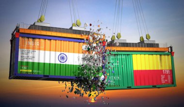 Hindistan ve Benin bayraklı kargo konteynerleri - 3 boyutlu illüstrasyon