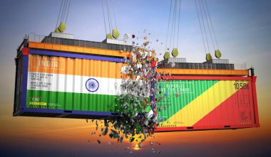 Hindistan ve Kongo Cumhuriyeti bayraklı kargo konteynerleri - 3 boyutlu illüstrasyon