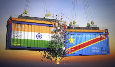 Hindistan ve Demokratik Kongo Cumhuriyeti bayraklı kargo konteynerleri - 3 boyutlu illüstrasyon