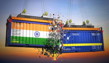 Hindistan ve Curacao bayraklı kargo konteynerleri - 3 boyutlu illüstrasyon