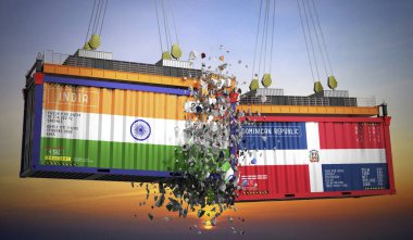 Hindistan ve Dominik Cumhuriyeti bayraklı kargo konteynerleri - 3 boyutlu illüstrasyon