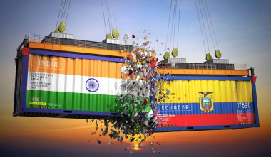 Hindistan ve Ekvador bayraklı kargo konteynerleri - 3 boyutlu illüstrasyon