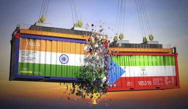 Hindistan ve Ekvator Ginesi bayraklı kargo konteynerleri - 3 boyutlu illüstrasyon