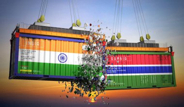 Hindistan ve Gambiya bayraklı kargo konteynerleri - 3 boyutlu illüstrasyon