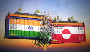 Hindistan ve Grönland bayraklı kargo konteynerleri - 3 boyutlu illüstrasyon
