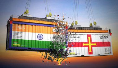 Hindistan ve Guernsey bayraklı kargo konteynerleri - 3 boyutlu illüstrasyon