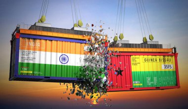 Hindistan ve Gine Bissau bayraklı kargo konteynerleri - 3 boyutlu illüstrasyon