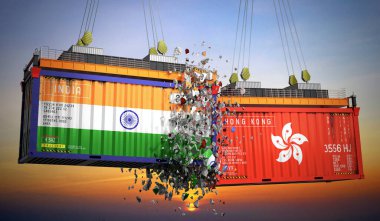 Hindistan ve Hong Kong bayraklı kargo konteynerleri - 3 boyutlu illüstrasyon
