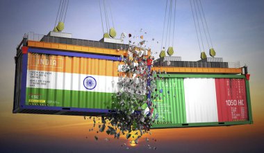 Hindistan ve İtalya bayraklı kargo konteynerleri - 3 boyutlu illüstrasyon