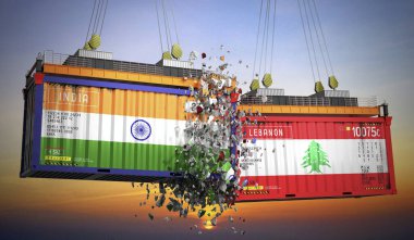 Hindistan ve Lübnan bayraklı kargo konteynerleri - 3 boyutlu illüstrasyon