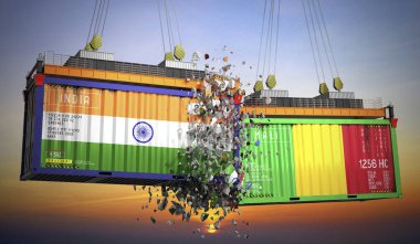 Hindistan ve Mali bayraklı kargo konteynerleri - 3 boyutlu illüstrasyon