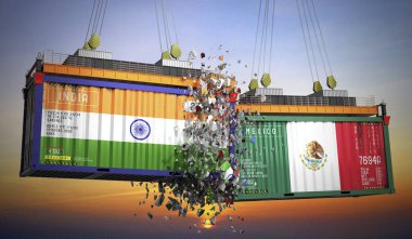 Hindistan ve Meksika bayraklı kargo konteynerleri - 3 boyutlu illüstrasyon