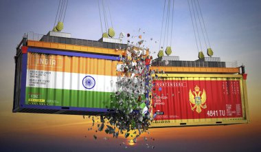 Hindistan ve Karadağ bayraklı kargo konteynerleri - 3 boyutlu illüstrasyon