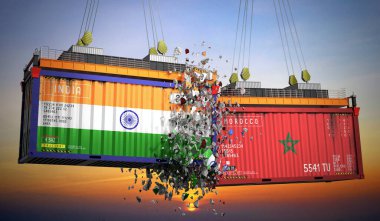Hindistan ve Fas bayraklı kargo konteynerleri - 3 boyutlu illüstrasyon