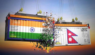 Hindistan ve Nepal bayraklı kargo konteynerleri - 3 boyutlu illüstrasyon