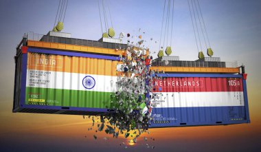 Hindistan ve Hollanda bayraklı kargo konteynerleri - 3 boyutlu illüstrasyon