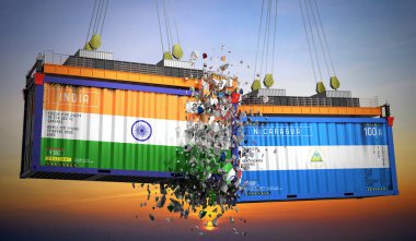 Hindistan ve Nikaragua 'nın bayraklı kargo konteynerleri - 3 boyutlu illüstrasyon