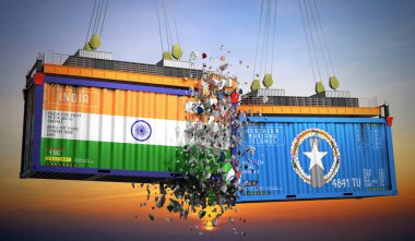Hindistan ve Kuzey Mariana Adaları bayraklı kargo konteynerleri - 3D illüstrasyon