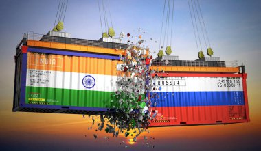 Hindistan ve Rusya 'nın bayraklı kargo konteynerleri - 3 boyutlu illüstrasyon