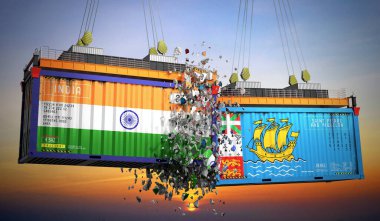 Hindistan, Saint Pierre ve Miquelon bayraklı kargo konteynerleri - 3 boyutlu illüstrasyon