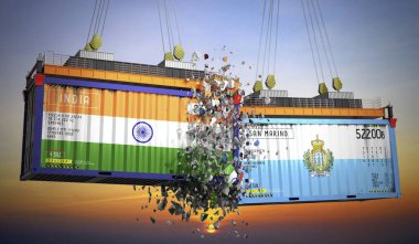 Hindistan ve San Marino bayraklı kargo konteynerleri - 3 boyutlu illüstrasyon