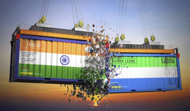 Hindistan ve Sierra Leone bayraklı kargo konteynerleri - 3 boyutlu illüstrasyon